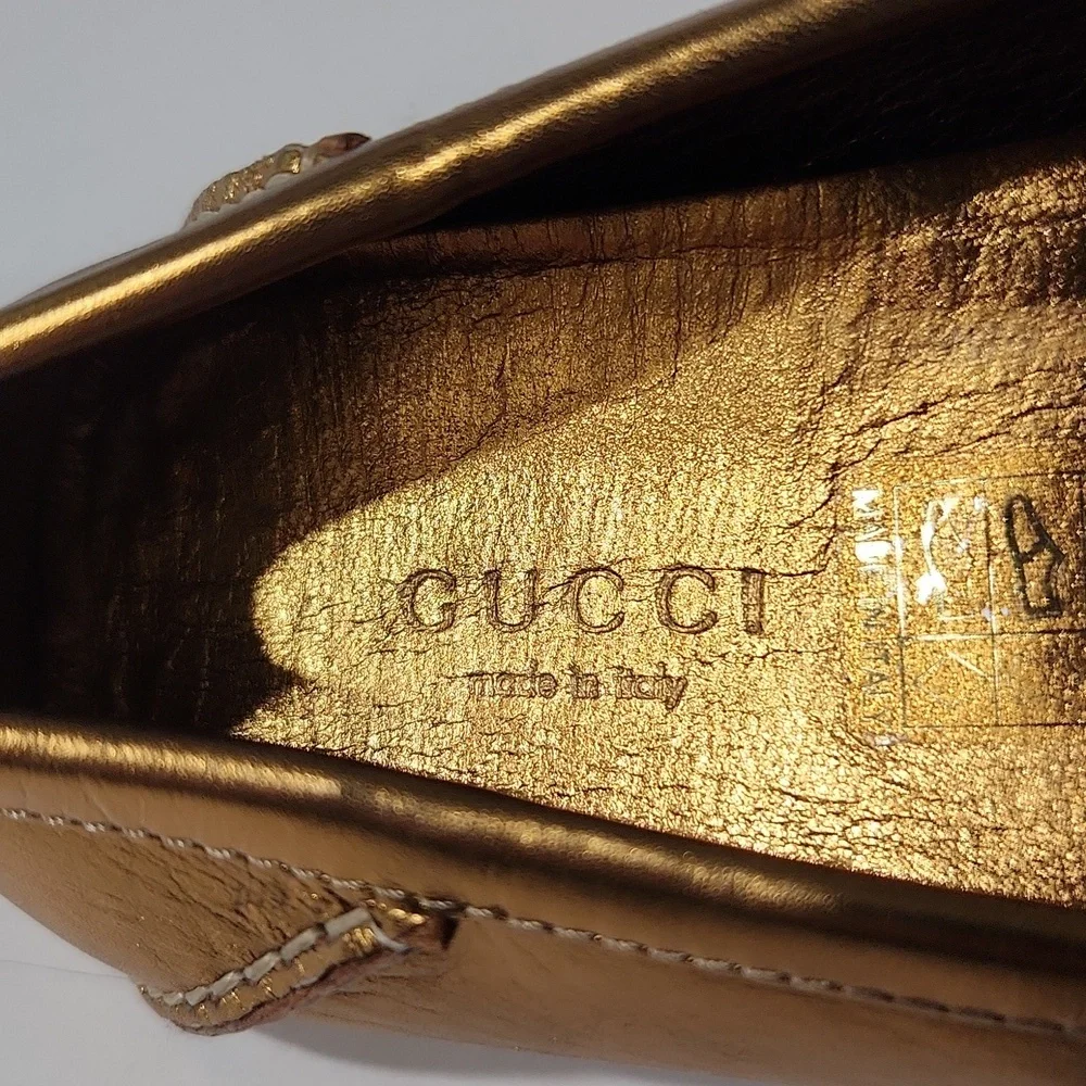 NEW!! Gucci Bamboo Horsebit Gold Leather Driving Shoes Loafers 155162  Size 5B